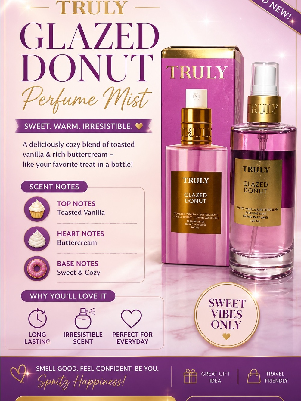 TRULY Glazed Donut Perfume Mist — Pink & Gold Bottle